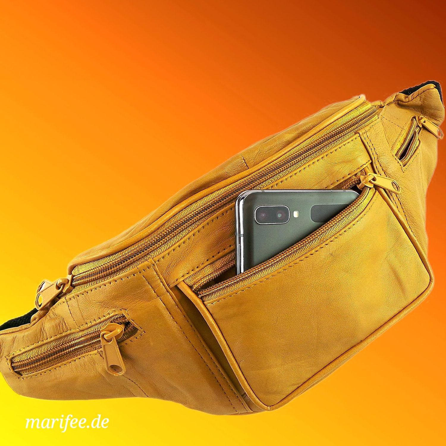 Bauchtasche Beigebraun, weiches Leder, 5 Fächer