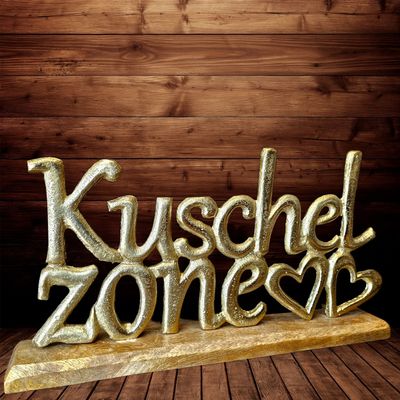 Metall-Schriftzug Kuschelzone, auf Holzsockel 305 × 150 mm Metall-Schriftzug Kuschelzone, auf Holzsockel 305 × 150 mm