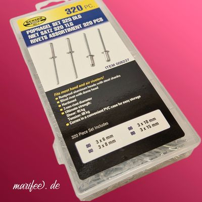 Blindnieten-Set, 320-teilig, Flachrundkopf Popnieten Aluminium