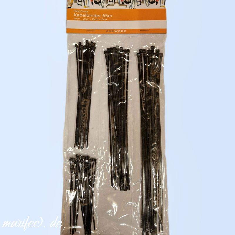 Kabelbinder-Sortiment, 4 Grössen, sortiert, 100 - 250 mm, Schwarz, 65 Stück