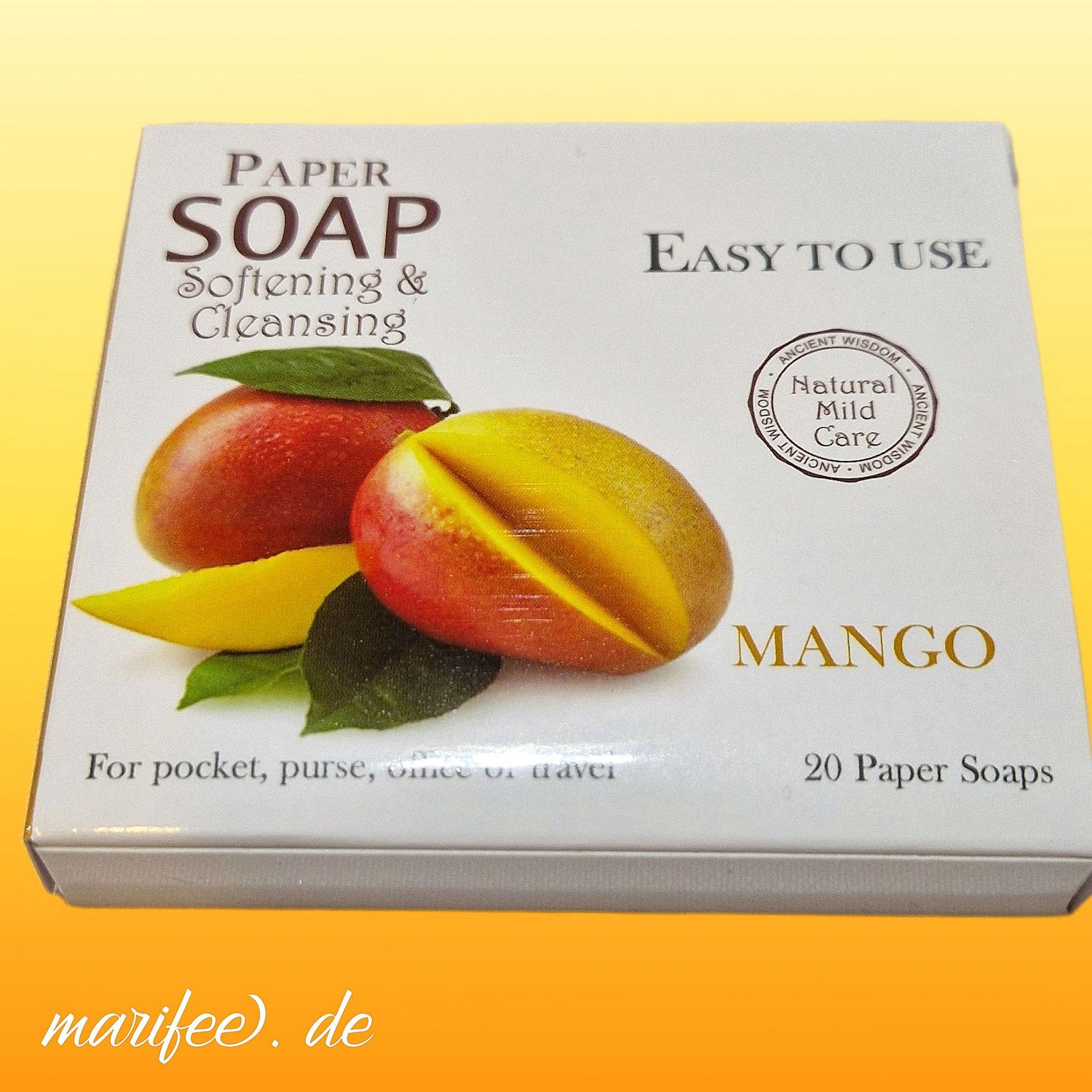 Papierseife Mango, 20 Blätter im Klappetui, Hygiene für unterwegs Papierseife Mango, 20 Blätter im Klappetui, Hygiene für unterwegs