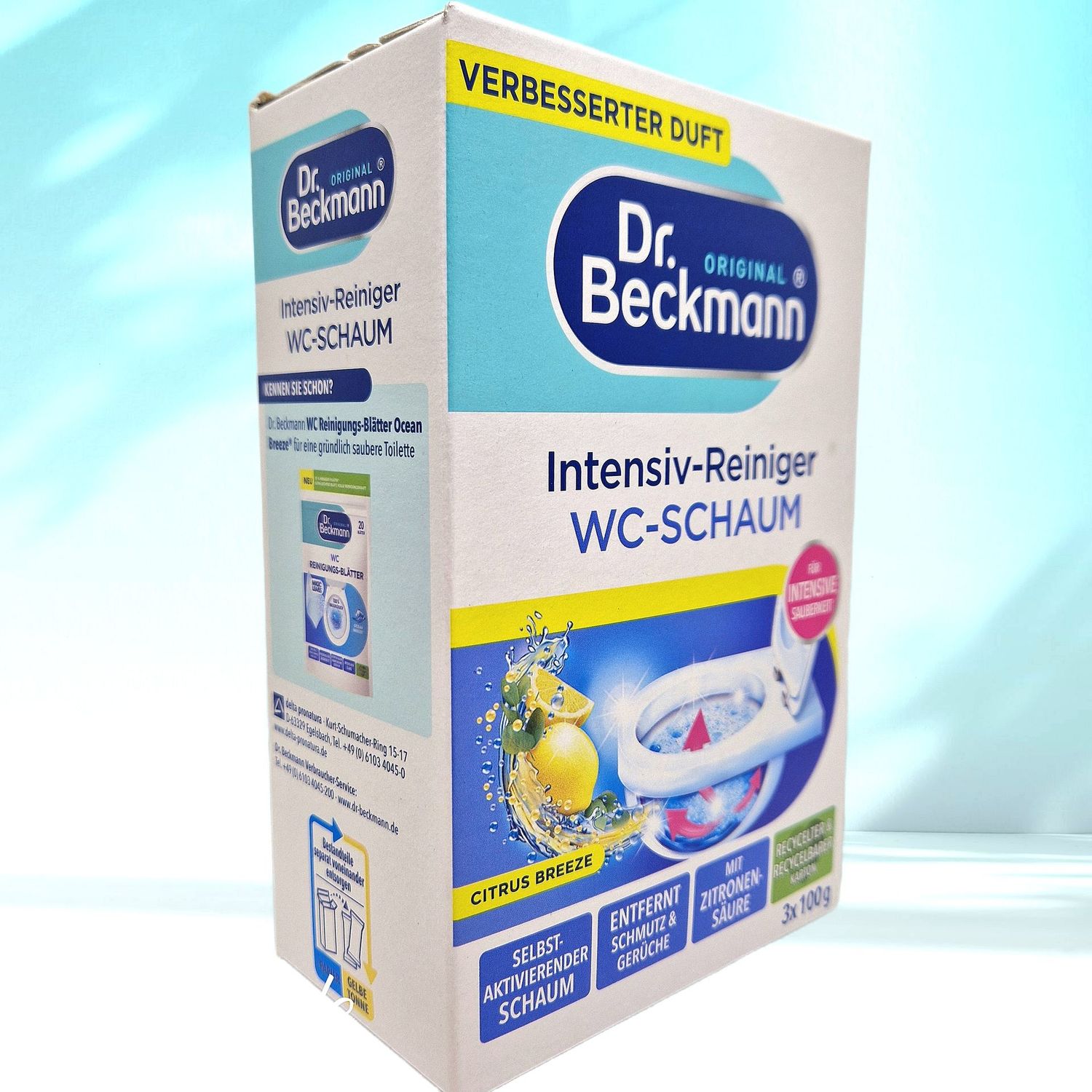 Intensiv-Reiniger WC-Schaum, Citrus Breeze, original Dr. Beckmann®, 3 × 100 g Intensiv-Reiniger WC-Schaum, Citrus Breeze, original Dr. Beckmann®, 3 × 100 g