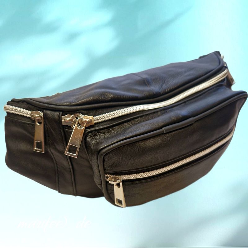 Bauchtasche Steinmeister, Schwarz, weiches Echtleder, 5 Fächer