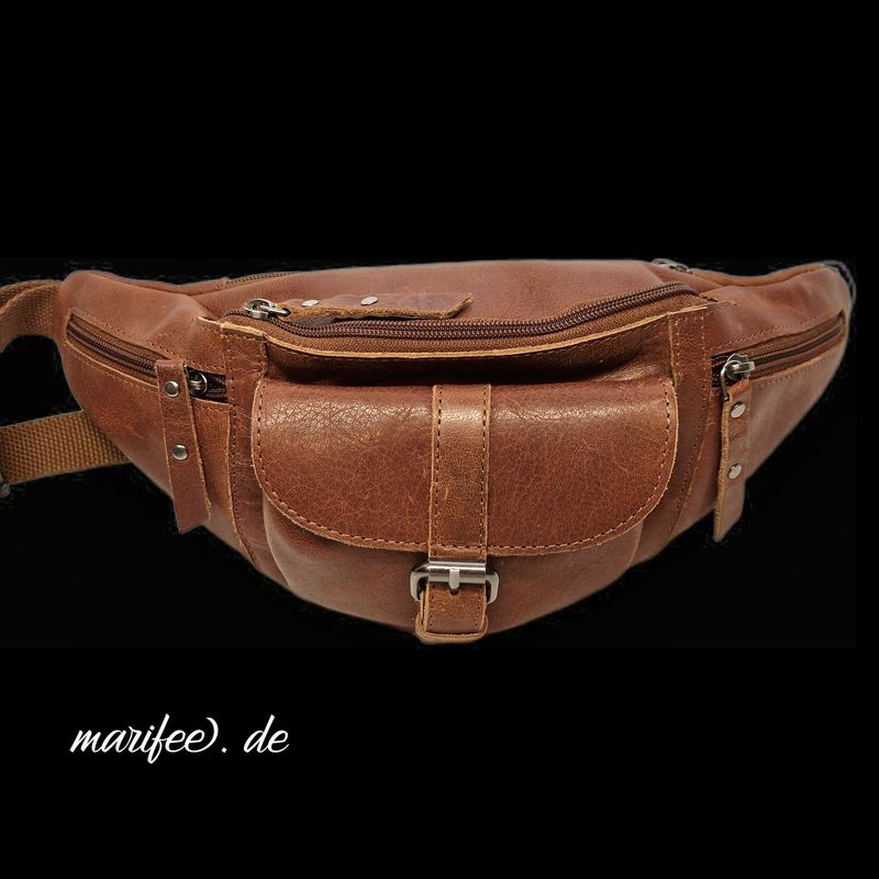 Bauchtasche Büffelleder, Vintage, Biker Style, 5 Fächer, Antik-Braun
