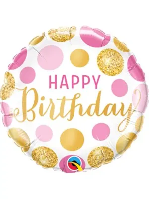 Pink &amp; Gold Dots Birthday Round Foil Balloon