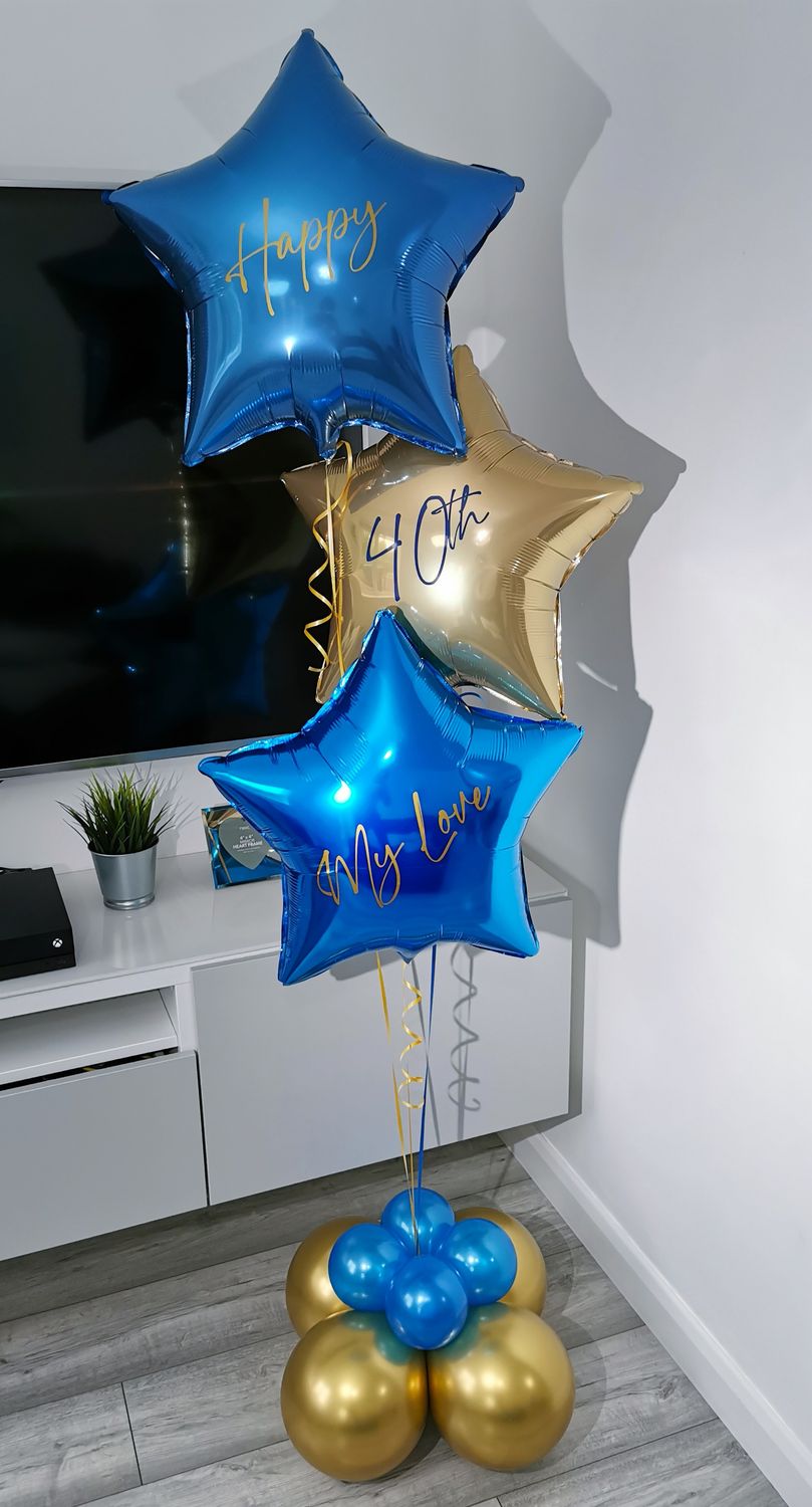 Blue &amp; Gold Personalised Triple Foil Balloon Cluster