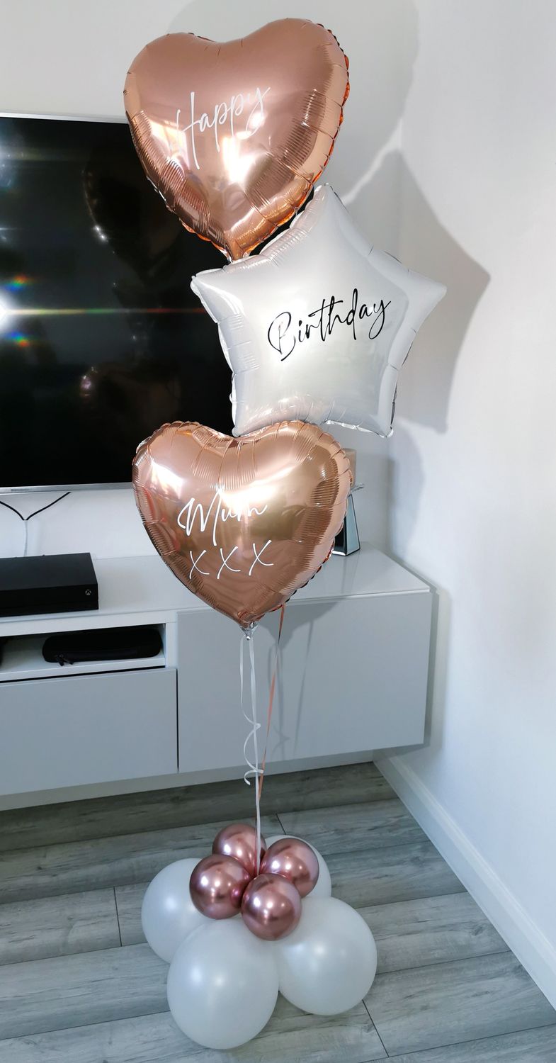 Rose Gold &amp; White Personalised Triple Foil Balloon Cluster