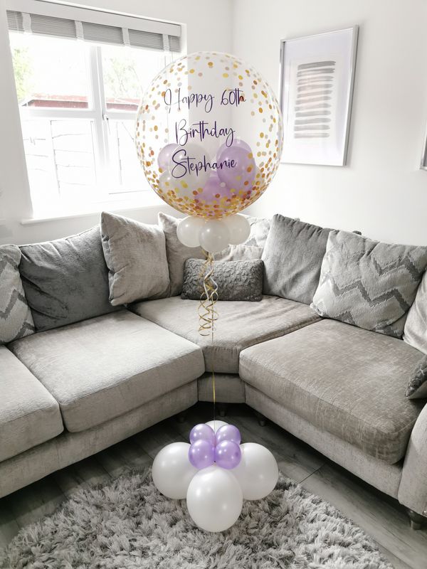 Purple And Satin White Themed Gold Confetti Bubble Balloon