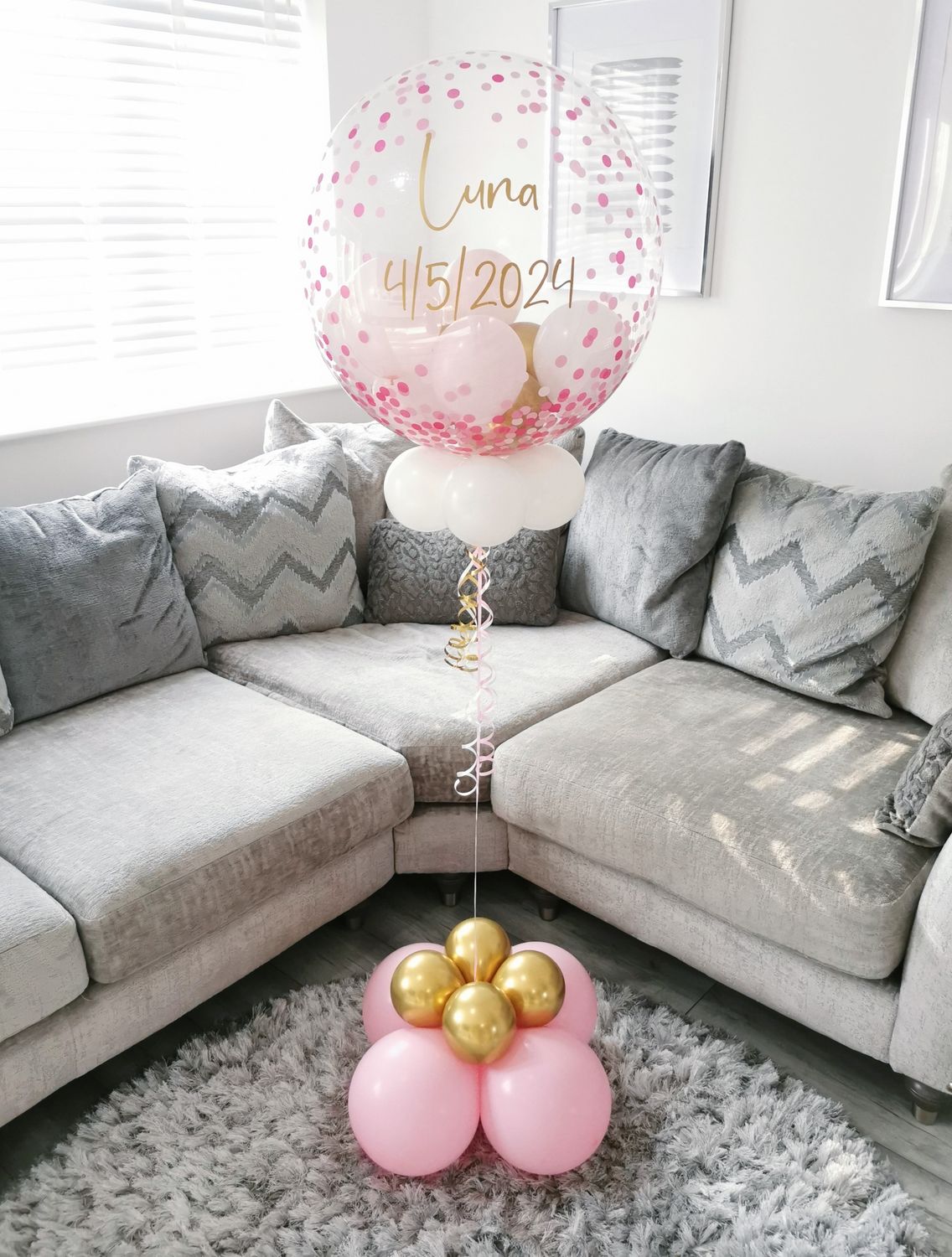 White, Gold And Pink Themed Confetti Bubble Balloon