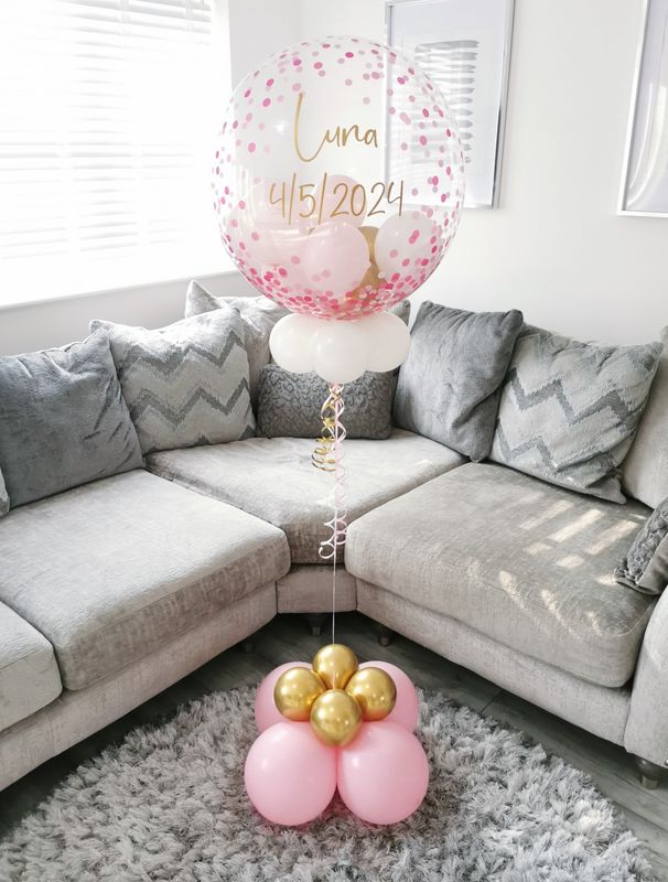 Personalised White, Gold &amp; Pink Themed Confetti Bubble Balloon