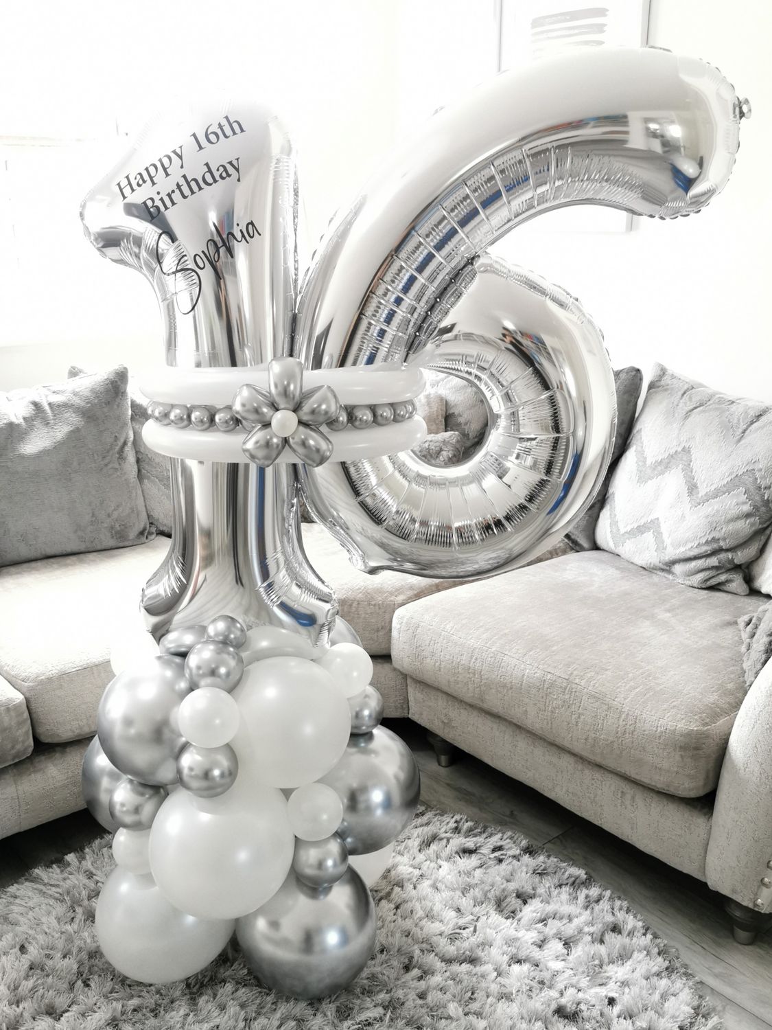 White And Silver Twist Double Number Balloon Column