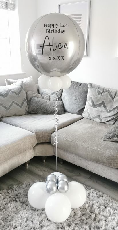 Silver &amp; Satin White Personalised Orbz Balloon