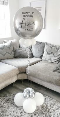 Silver &amp; Satin White Personalised Orbz Balloon