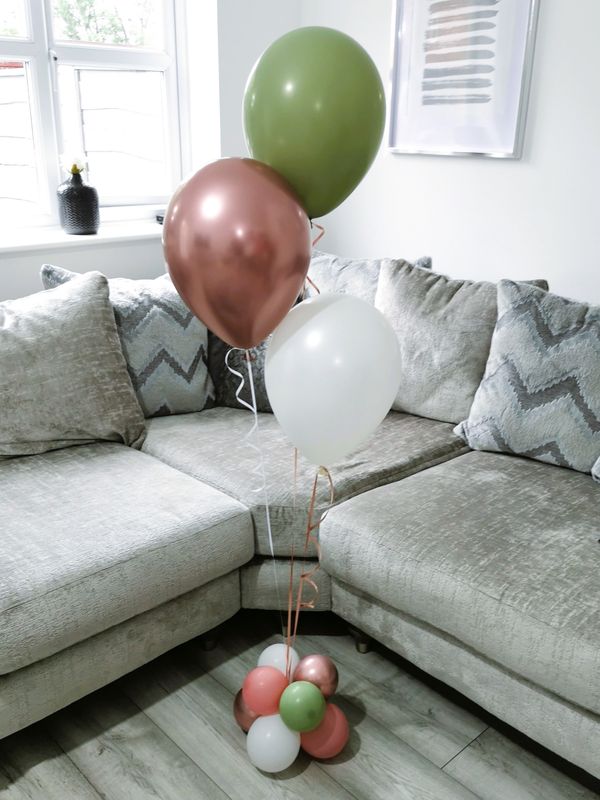 Eucalyptus Green, Rose Gold And Satin White Latex Balloon Clusters