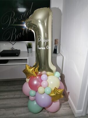 Pastel Star First Balloon Stack with Personalised White Gold Number