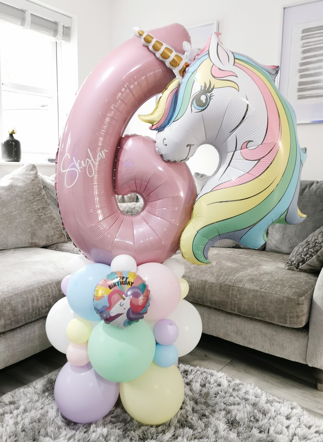 Unicorn Jumbo Shape Balloon Stack with Personalised Pink Number