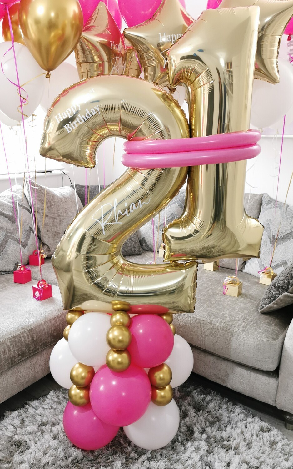 Pink, White And Gold Twist Double Number Balloon Stack