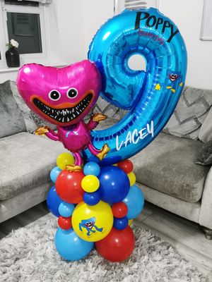 Poppy Playtime Huggy Wuggy Balloon Stack with Personalised Blue Or Pink Number