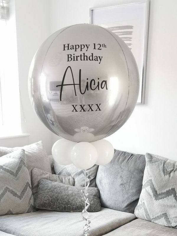 Silver &amp; Satin White Personalised Orbz Balloon