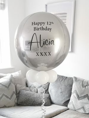 Silver &amp; Satin White Personalised Orbz Balloon