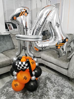 Racing Car Balloon Stack with Personalised silver Number Racing Car Balloon Stack with Personalised silver Number