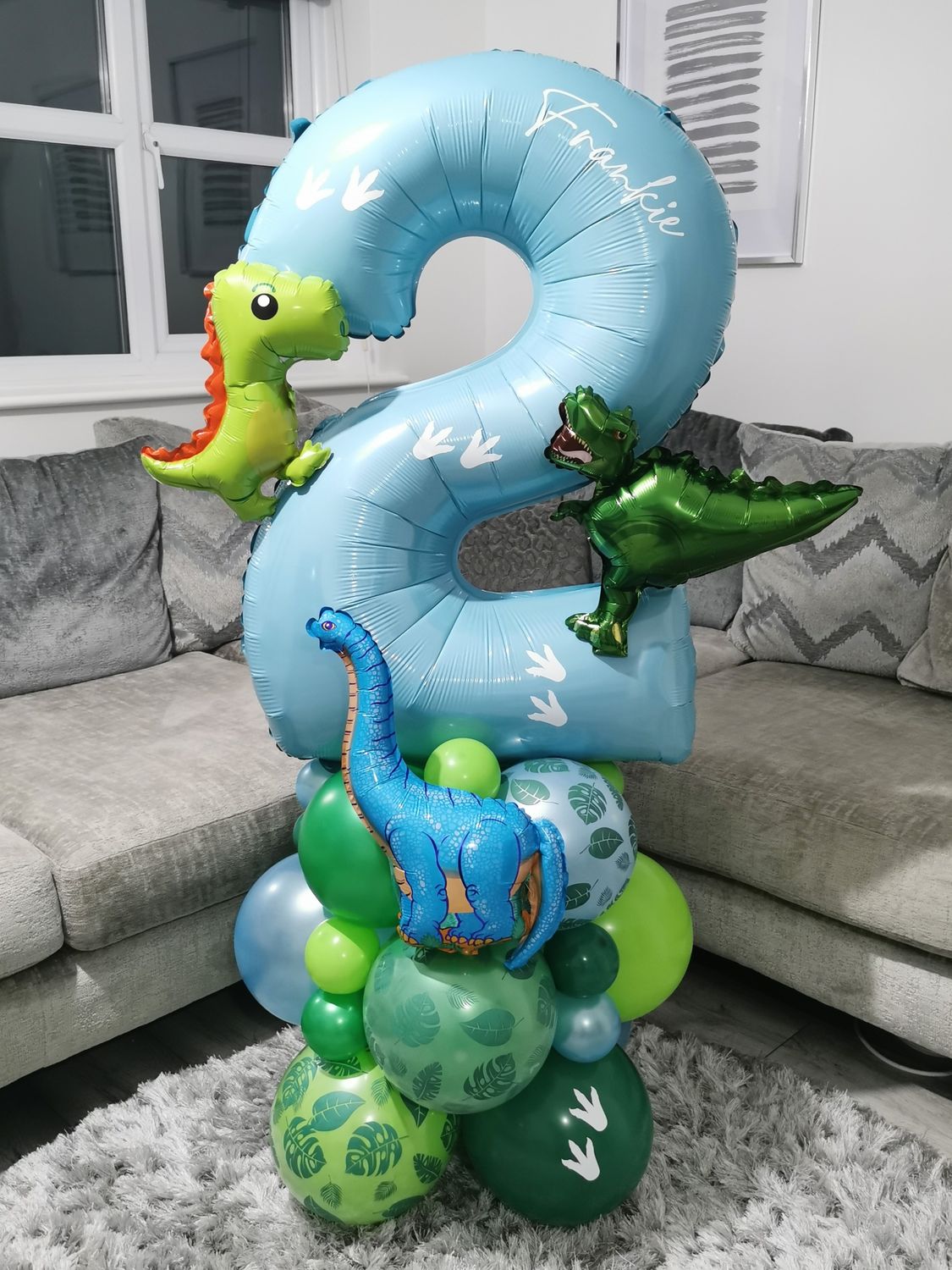 Dinosaur Balloon Stack with Personalised Blue Number
