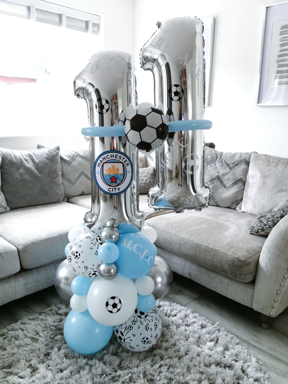 Manchester City Balloon Stack with Personalised Silver Number