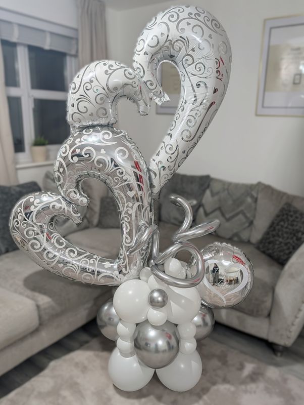 Wedding Anniversary Personalised Balloon Display – Metallic Hearts &amp; Swirls