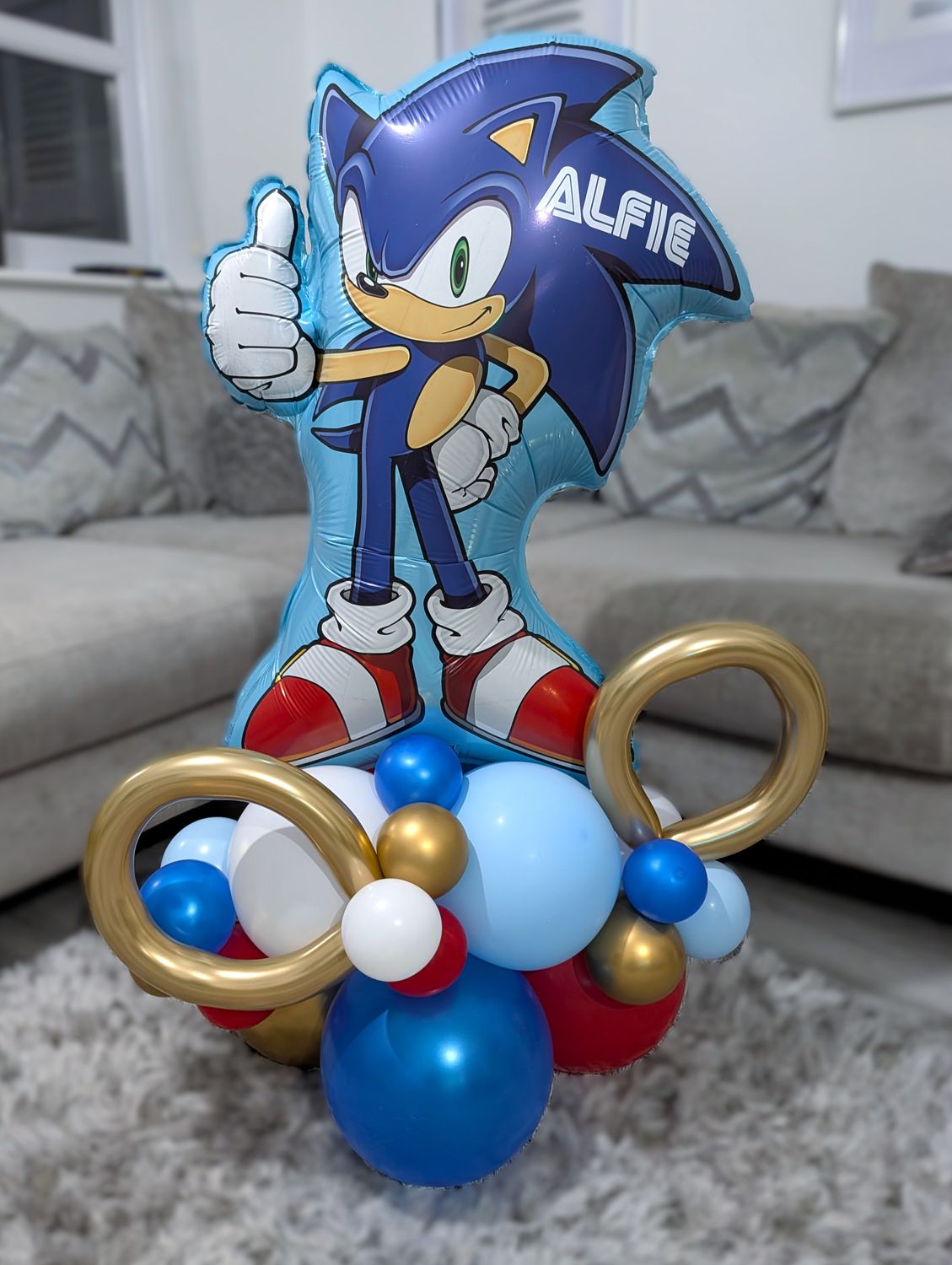 Personalised Giant Sonic Character Birthday Balloon Stack With Age
