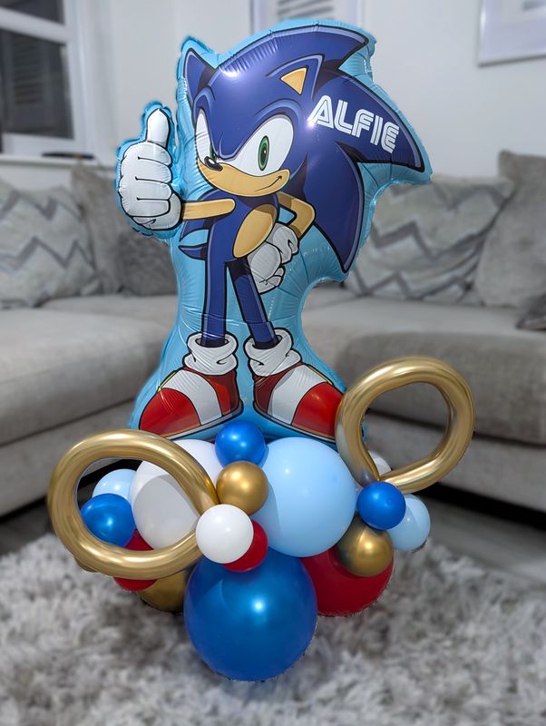 Personalised Giant Sonic Character Birthday Balloon Stack With Age
