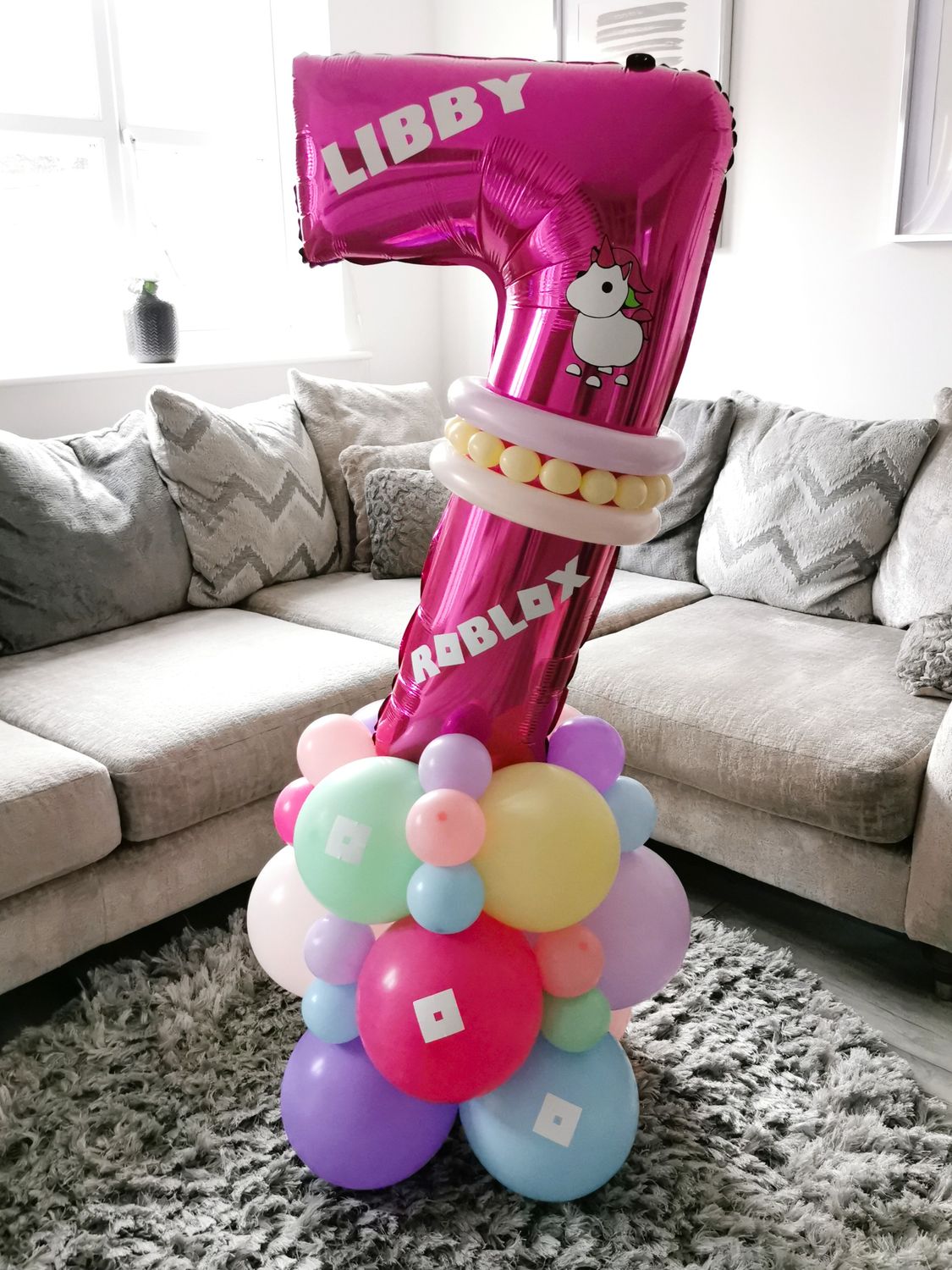 Roblox Unicorn Balloon Stack with Personalised Pink Number