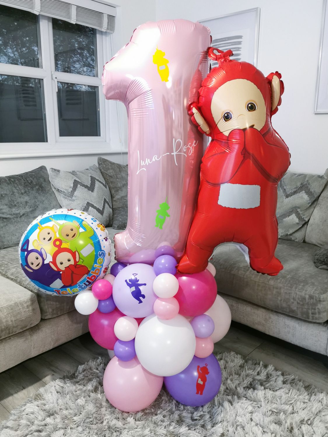 Teletubbies Balloon Stack with Personalised Pink Number