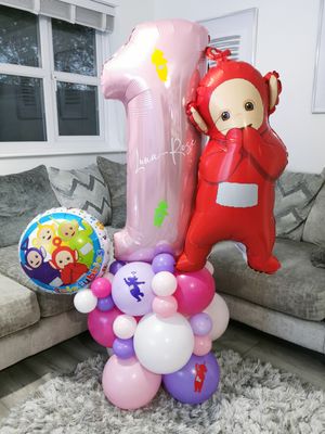 Teletubbies Balloon Stack with Personalised Pink Number Teletubbies Balloon Stack with Personalised Pink Number