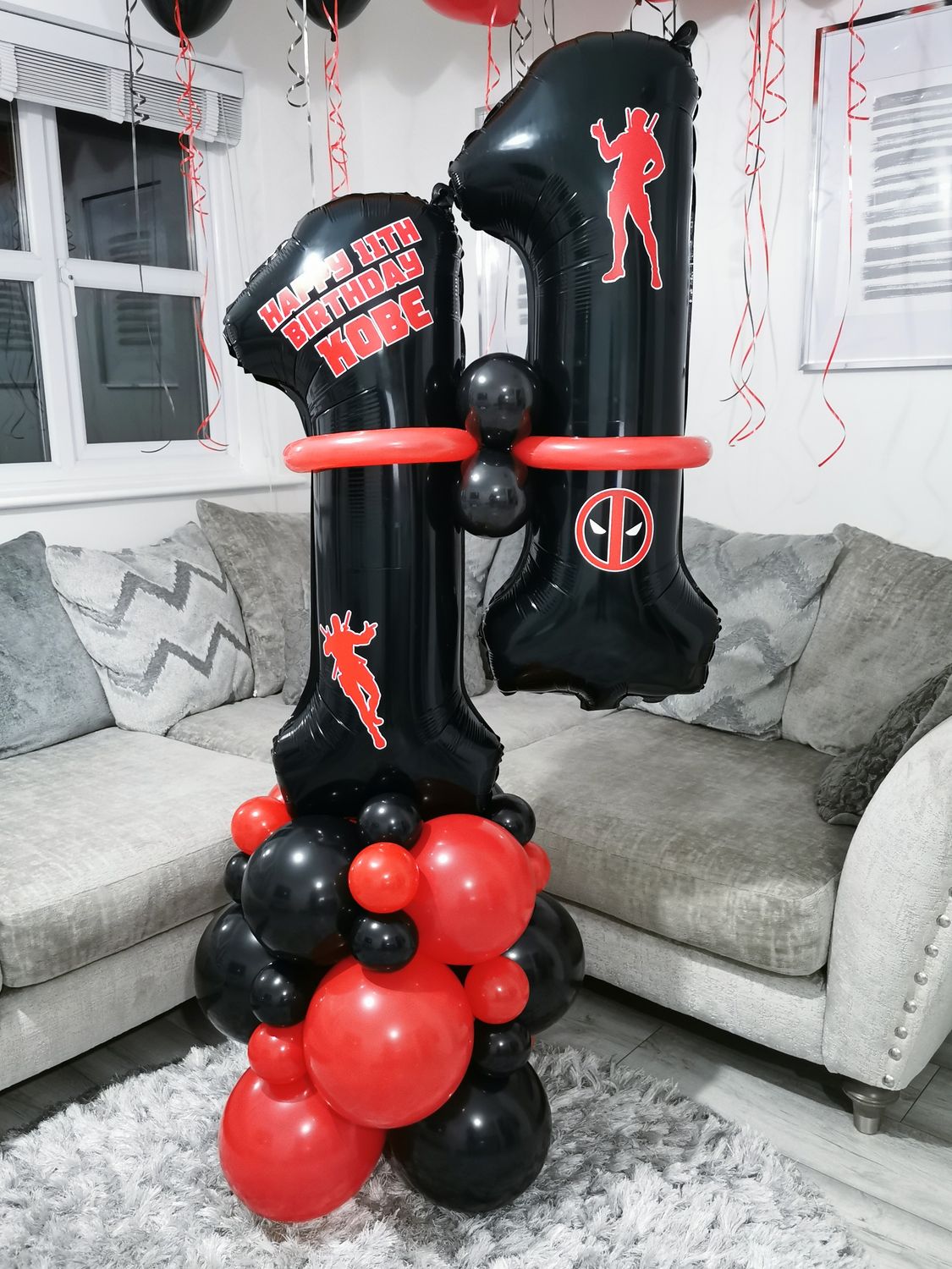 Deadpool Birthday Balloon Stack with Personalised Black Number