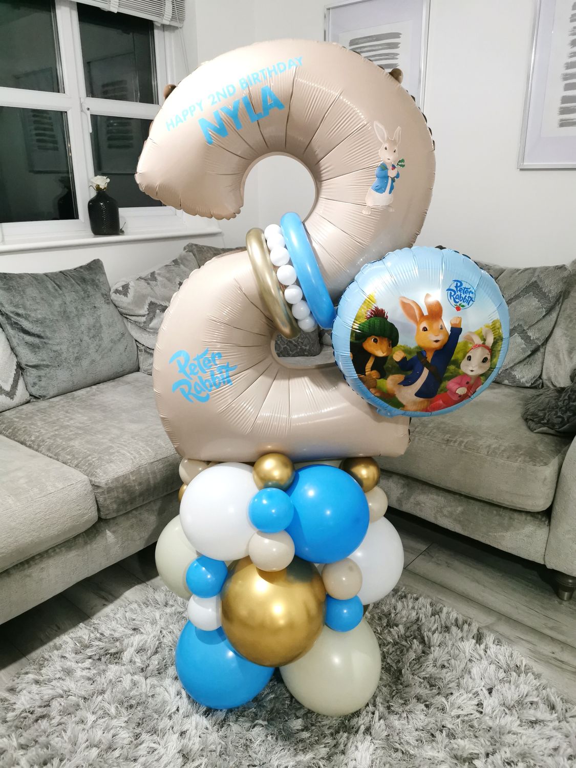 Peter Rabbit Balloon Stack with Personalised Beige Number