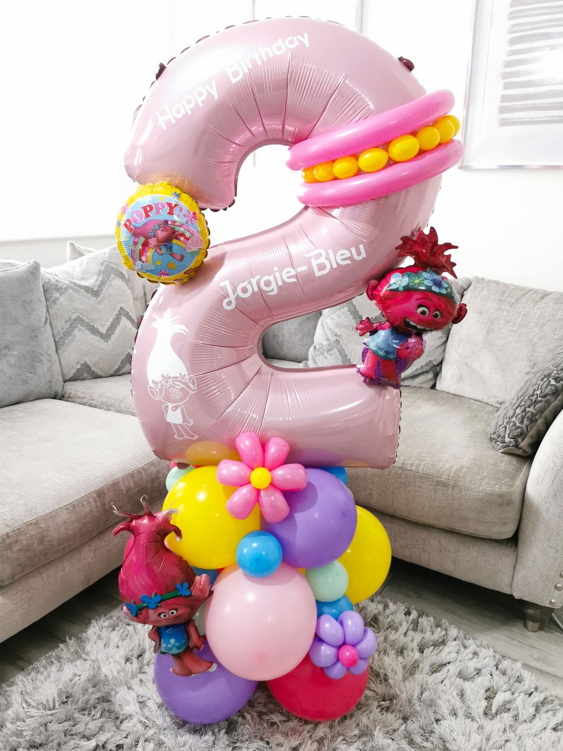Trolls Poppy Balloon Stack with Personalised Pink Number And Characters