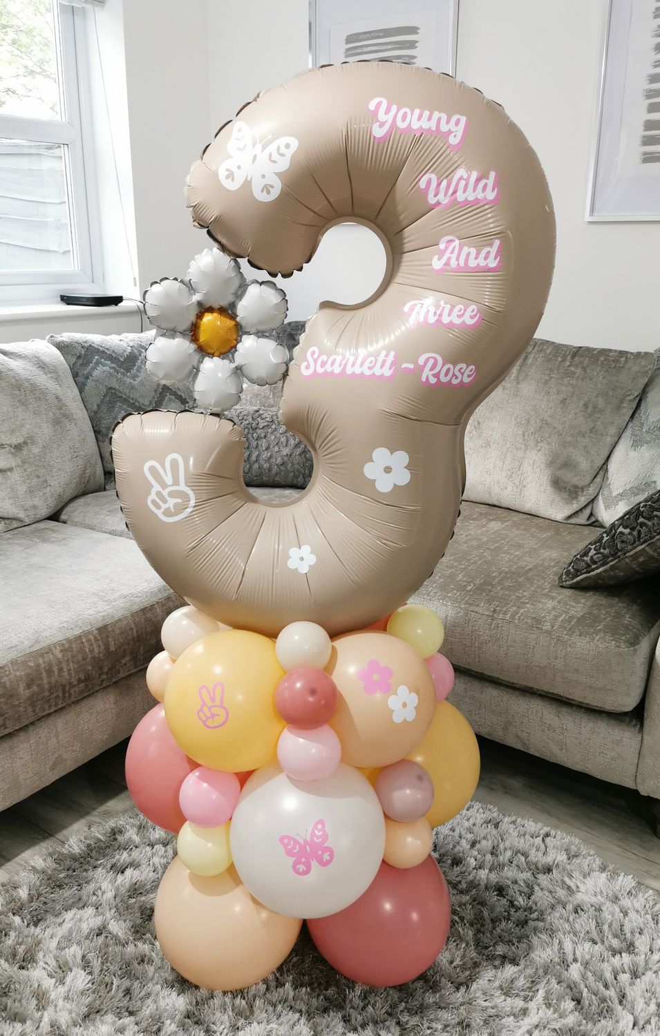Young, Wild &amp; Three Balloon Stack with Personalised Beige Number