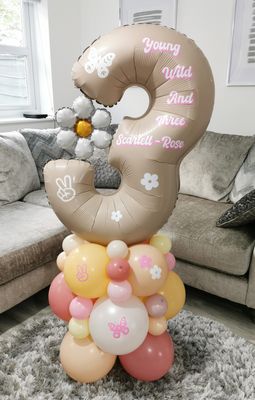 Young, Wild &amp; Three Balloon Stack with Personalised Beige Number