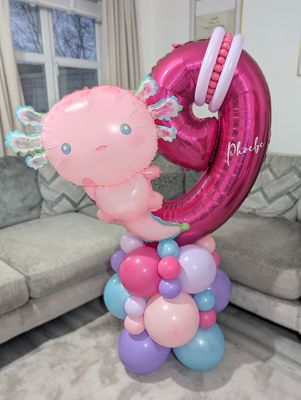 Axolotl Balloon Stack with Personalised Pink Number Axolotl Balloon Stack with Personalised Pink Number