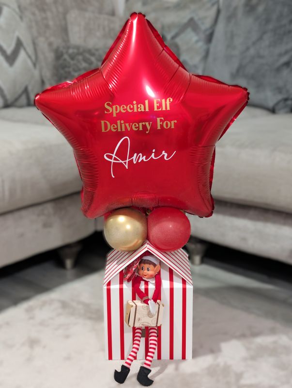 Elf Arrival Red Striped House Balloon Display