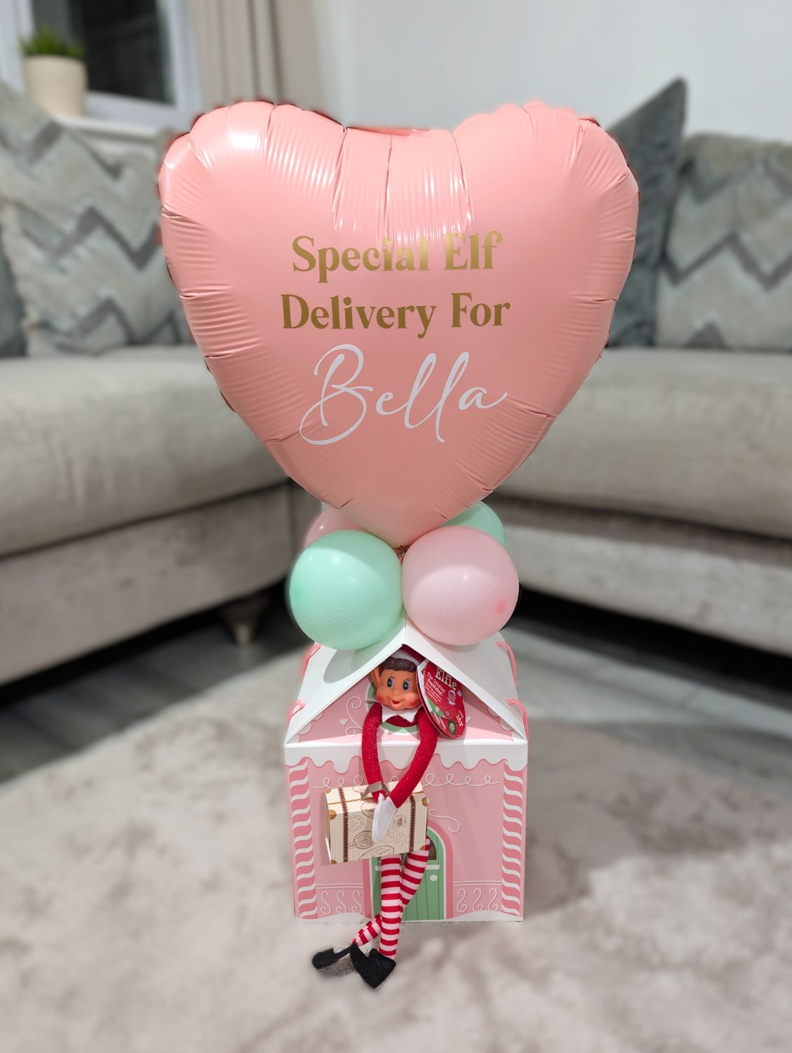 Elf Arrival Pink And White House Balloon Display