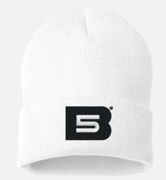 B5 Embroidered Beanie Cap, White w/ Black &amp; White Logo
