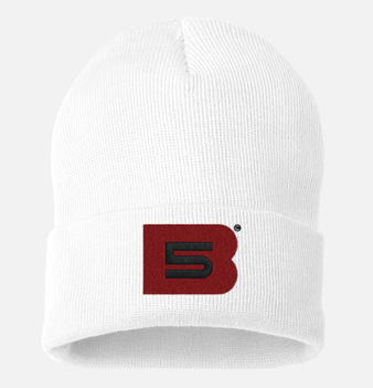 B5 Embroidered Beanie Cap, White w/ REd &amp; Black Logo