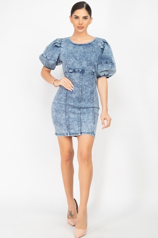 Statement Sleeve Acid Wash Mini Dress