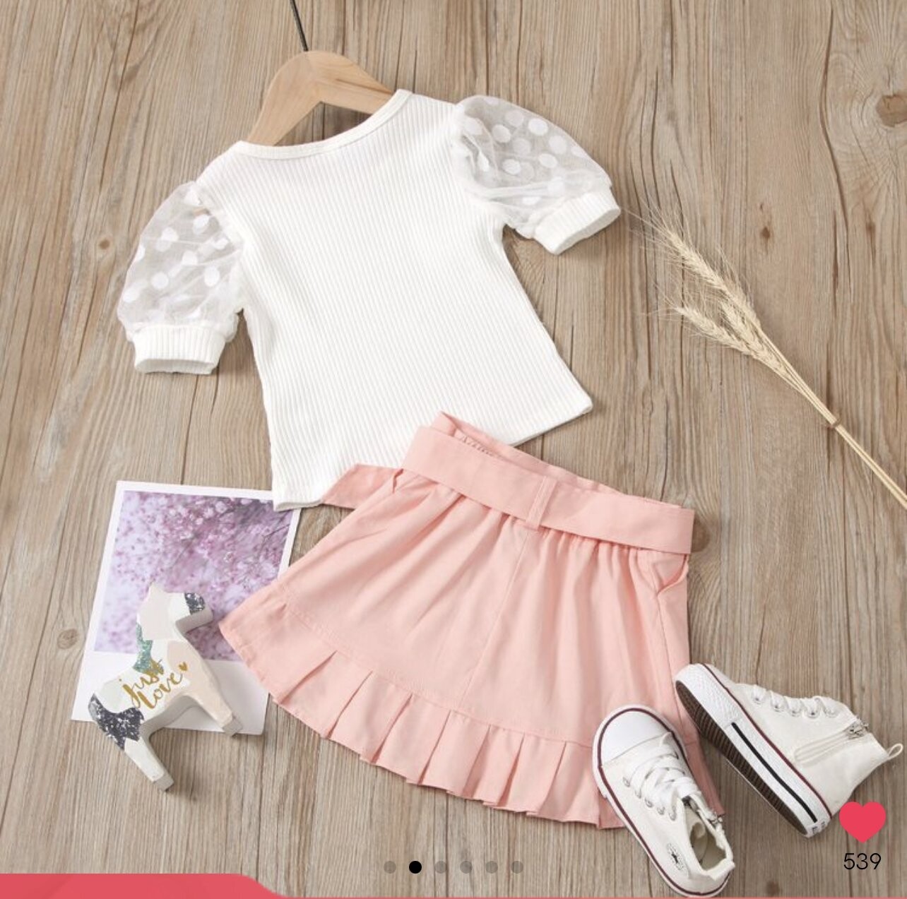 2-Piece Mesh Polka Dots Short-Sleeve Top and Ruffled Skirt