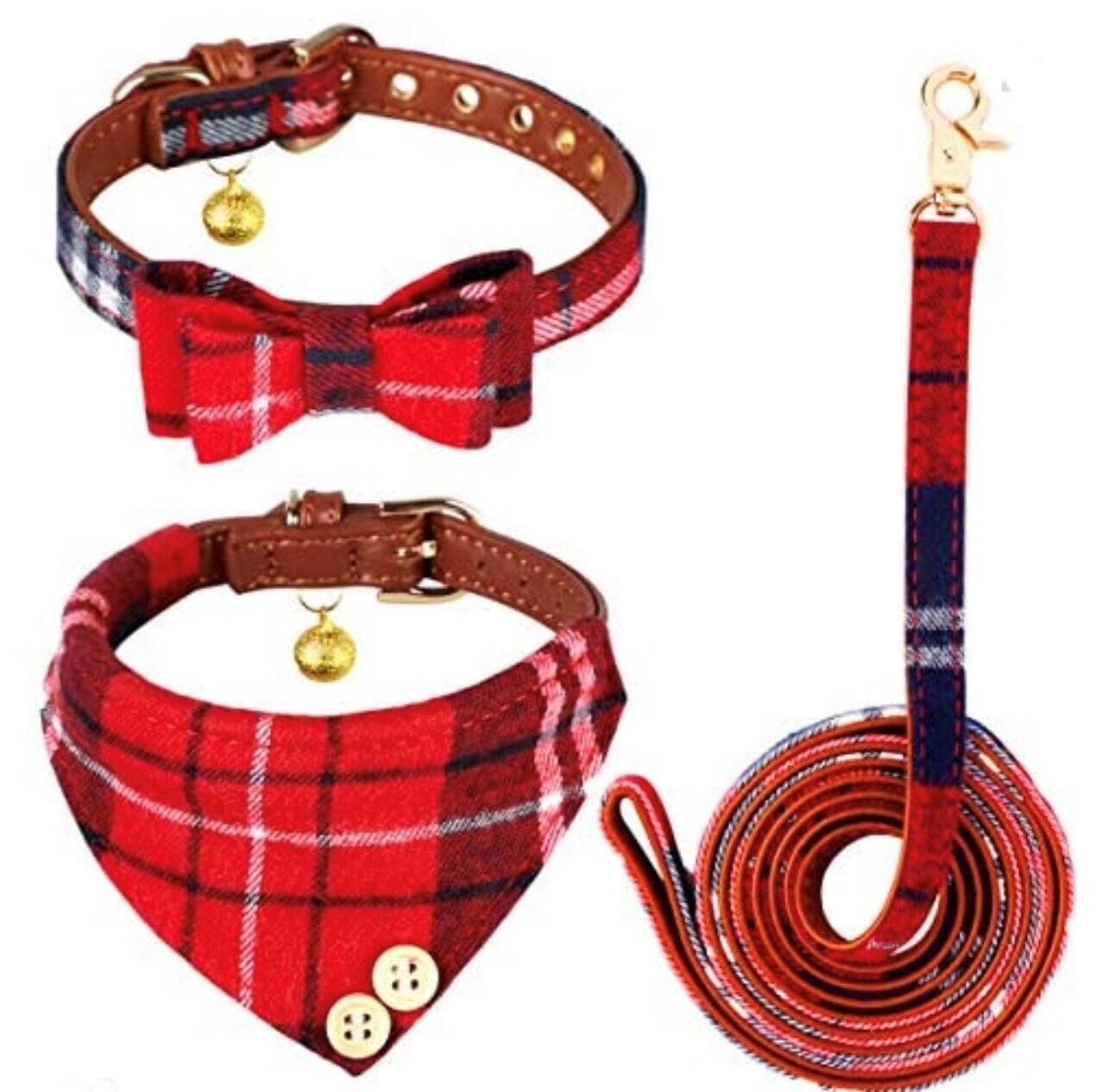 Classic Plaid Bow Tie/Bandana Dog/Cat Collar With Leash (Red)