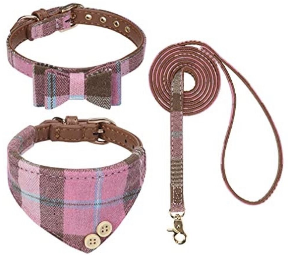 Classic Plaid Bow Tie/Bandana Dog/Cat Collar With Leash (Pink)