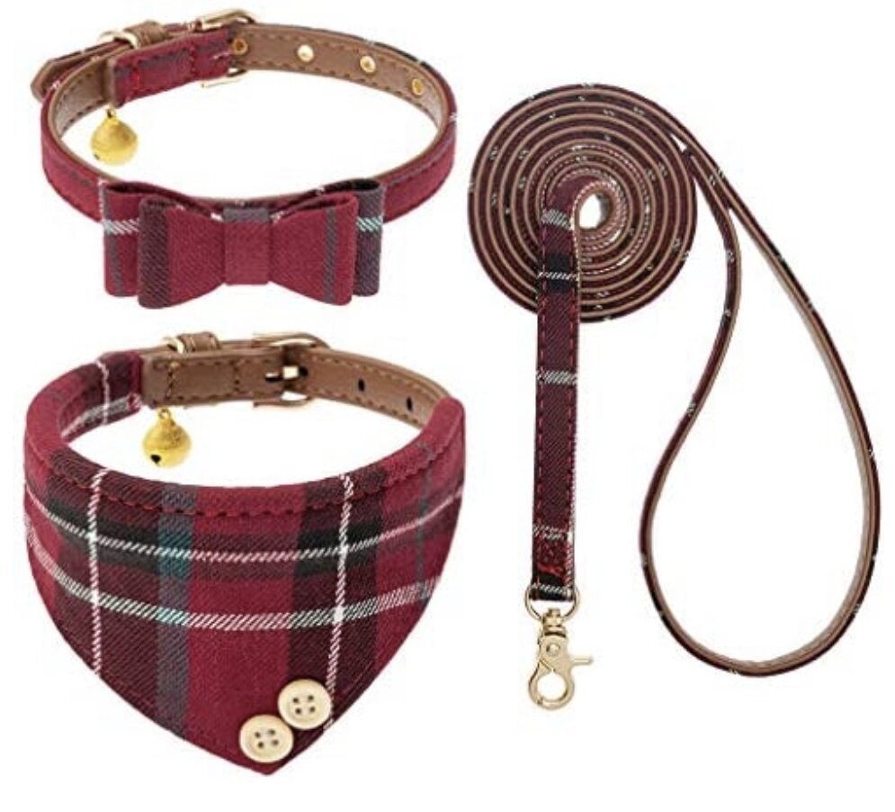 Classic Plaid Bow Tie/Bandana Dog/Cat Collar With Leash (Burgundy)