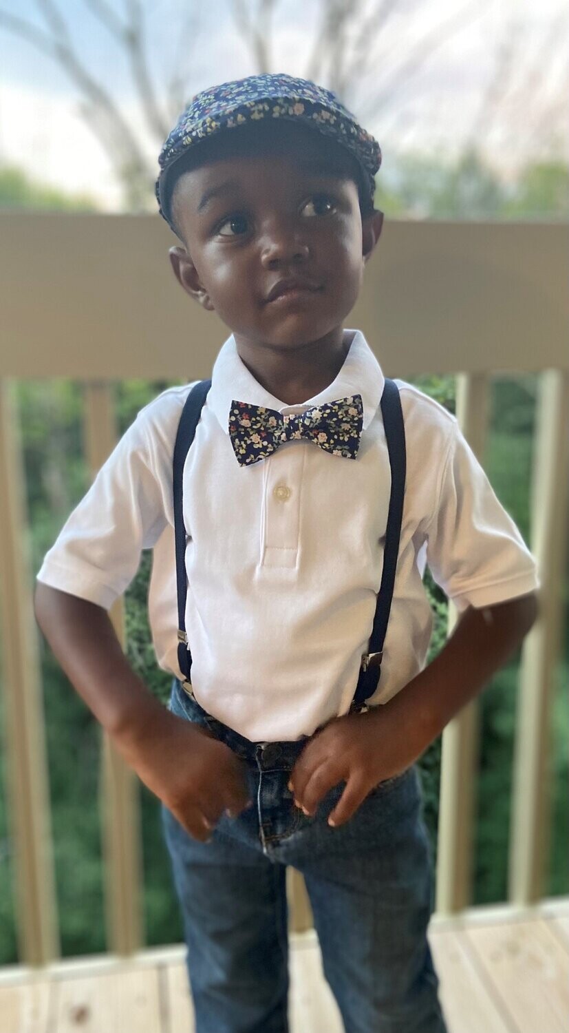 Clip-on Navy Suspender,  Pattern Ivy Hat & Matching Bow Tie Set- Blue