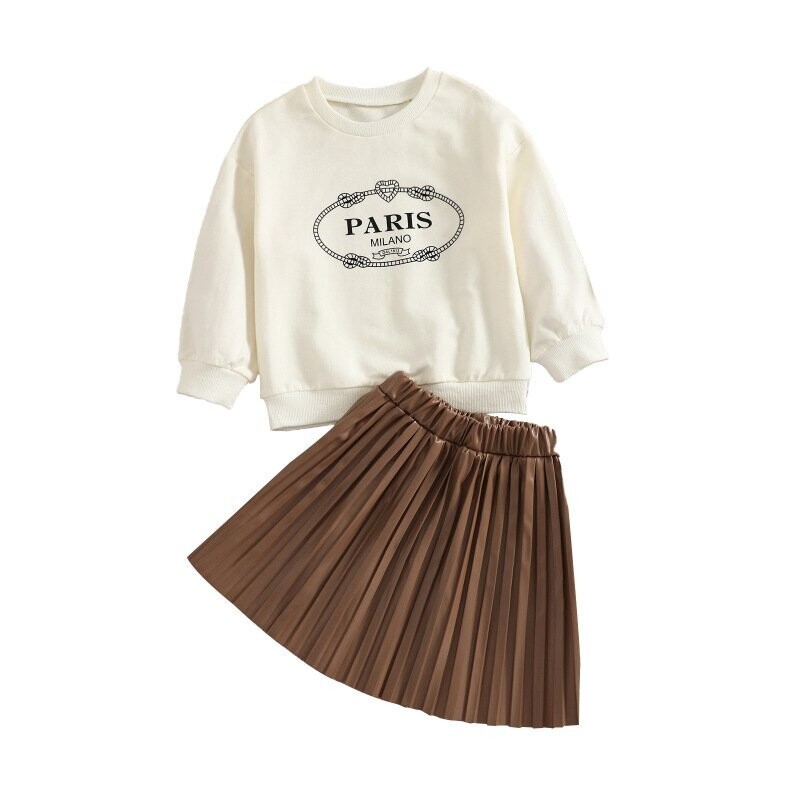 Girls Basic Long-Sleeved Round Neck Paris Sweatshirt And Pleated PU Skirt Set